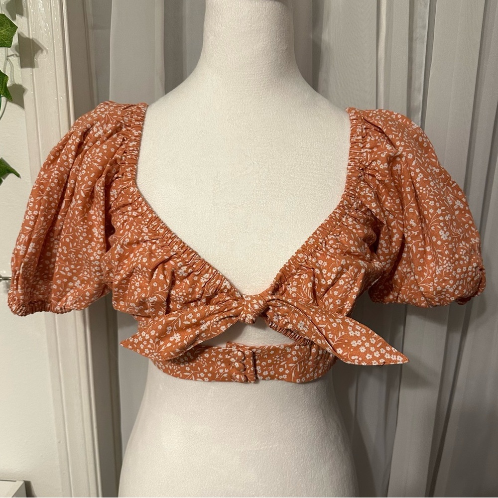NWT Sabo Skirt Orange Floral Puff Sleeve linen cotton crop top size S